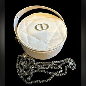 Dior Peach Quilted Mini Makeup Bag with Silver Chain and mirror
